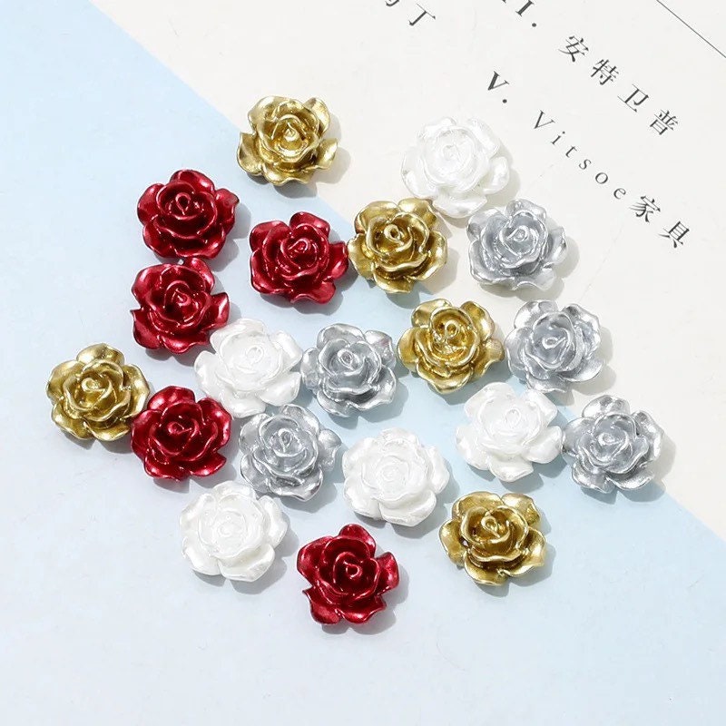 rose flower cabochon, metallic silver 12mm