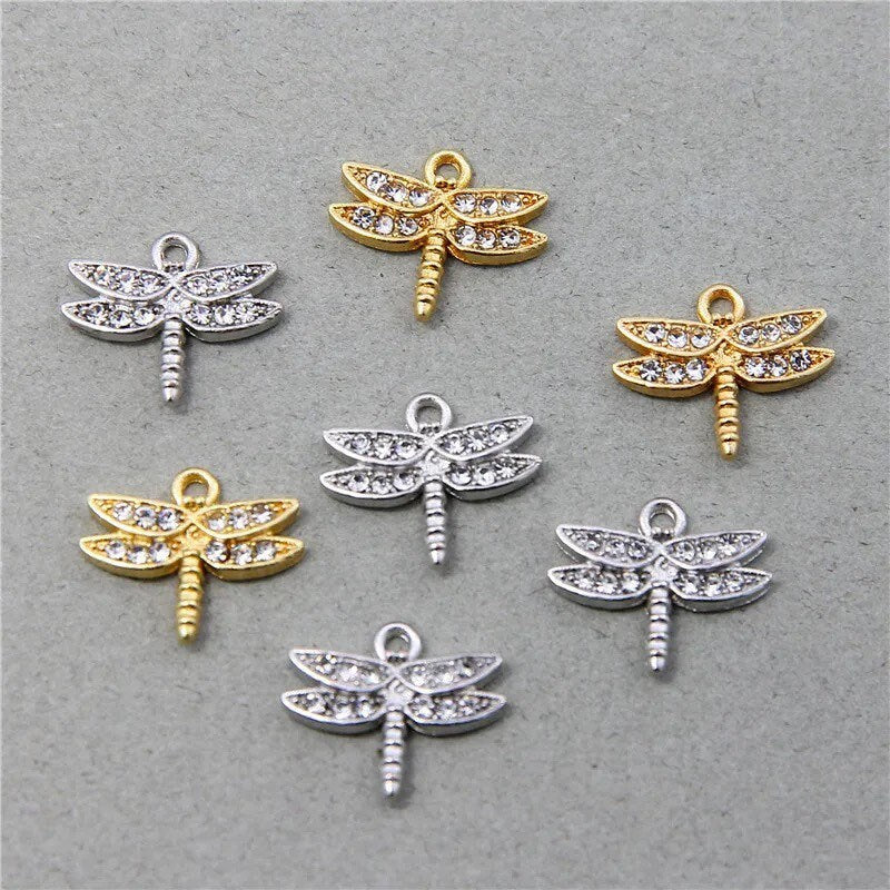 Dragonfly charms, silver rhinestone