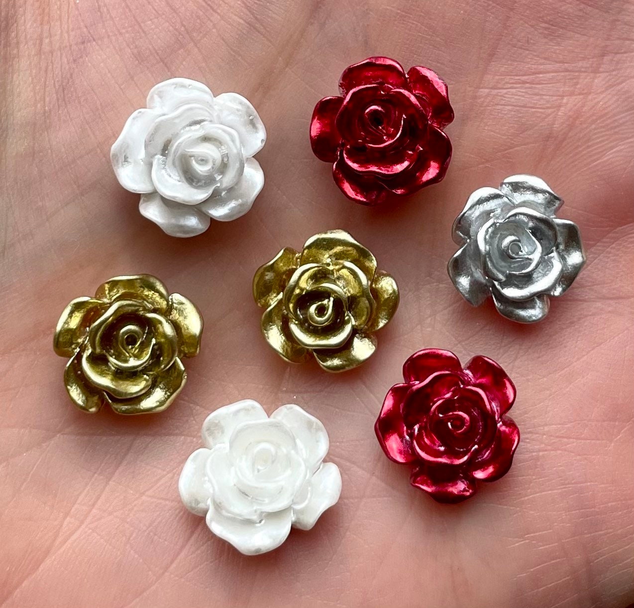 rose flower cabochon, metallic silver 12mm