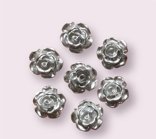 rose flower cabochon, metallic silver 12mm