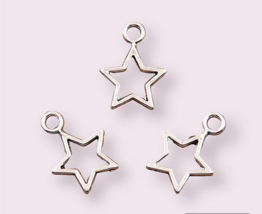 Silver hollow star charms, 12mm