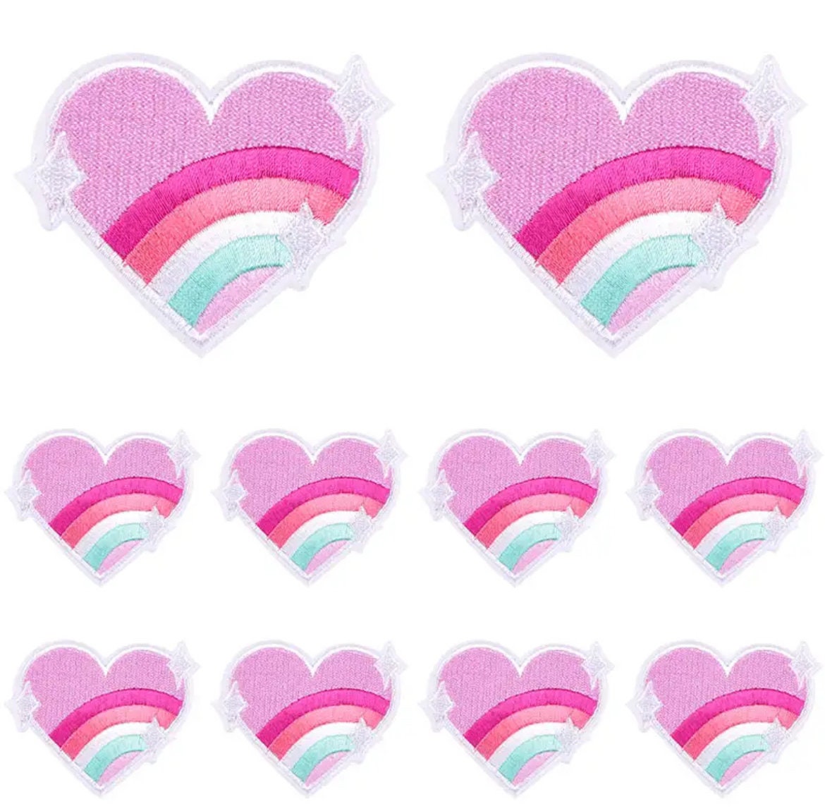 Heart pink iron on patch, rainbow 7cm
