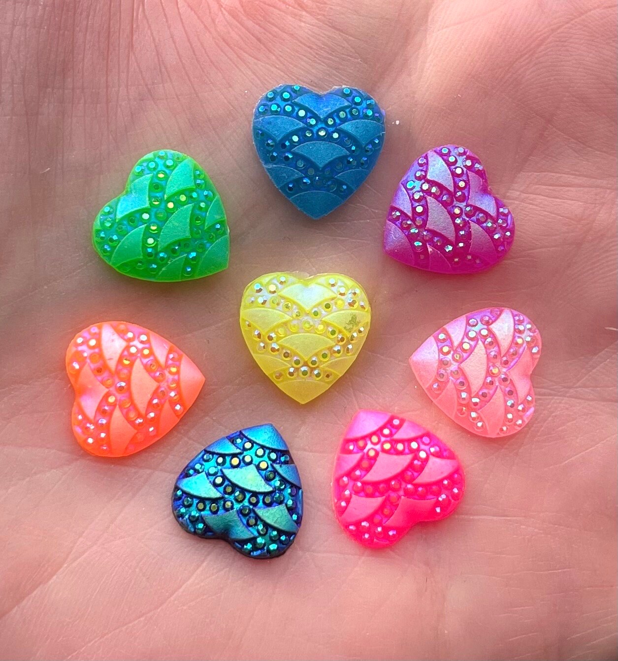 Heart embellishments, mix colour patterned 12mm