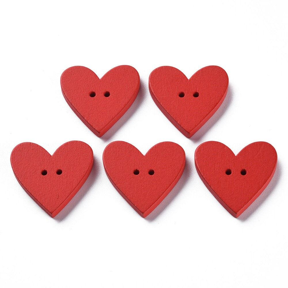 Wooden red heart buttons, 25mm