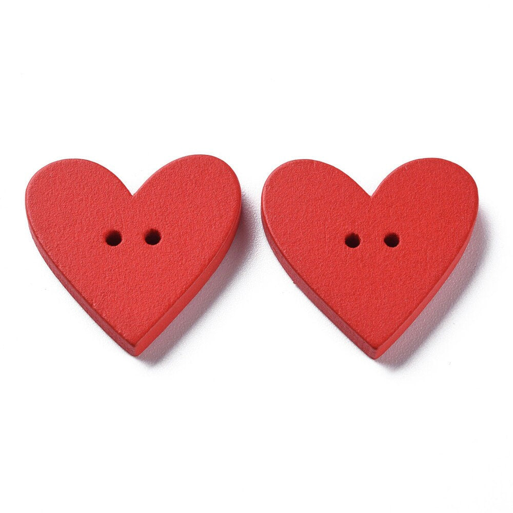 Wooden red heart buttons, 25mm