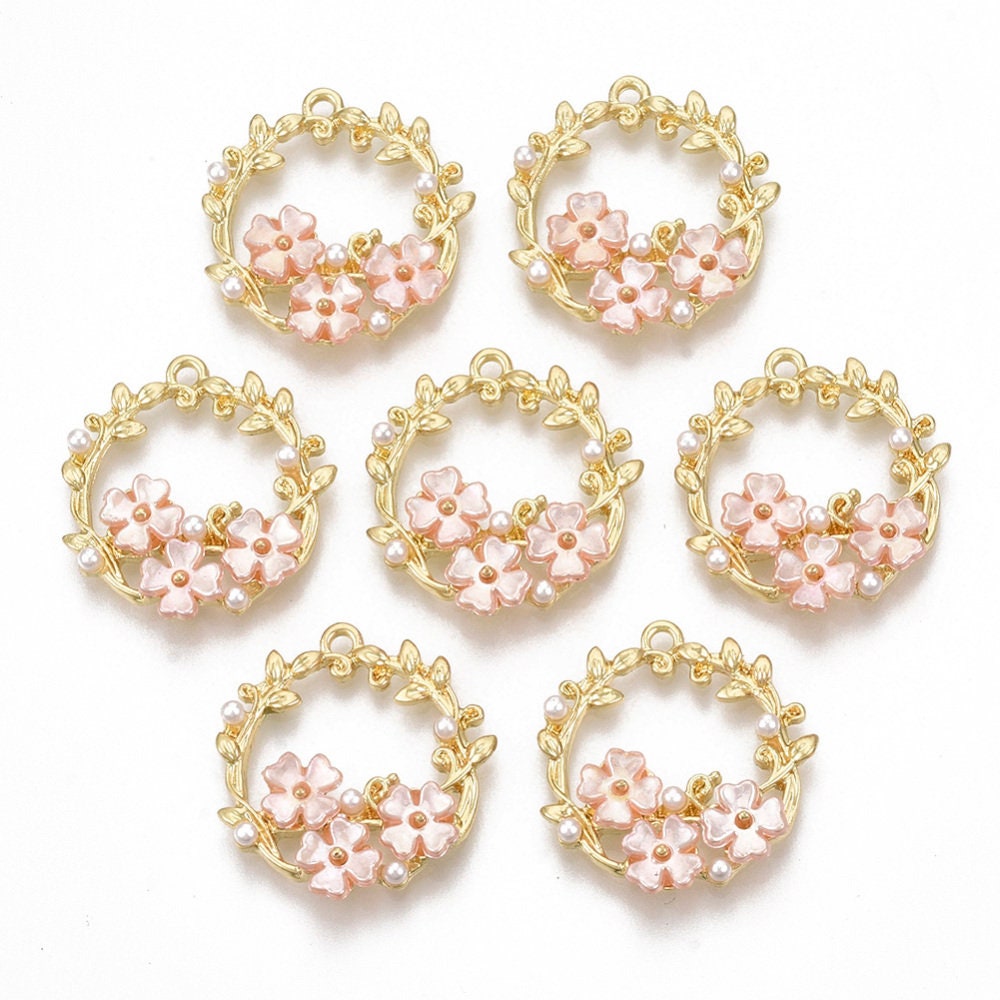 Hoop pink floral charm, pearl floral