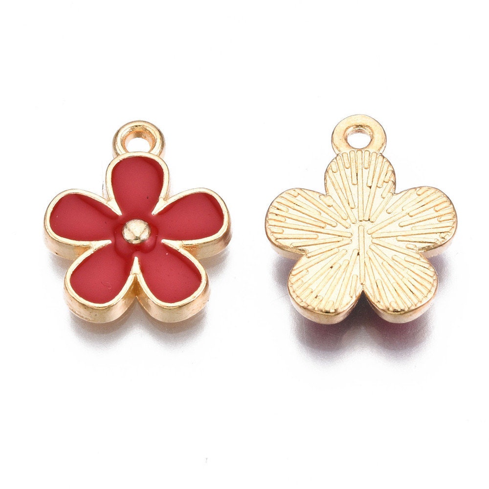 Red enamel flower charms, 15mm