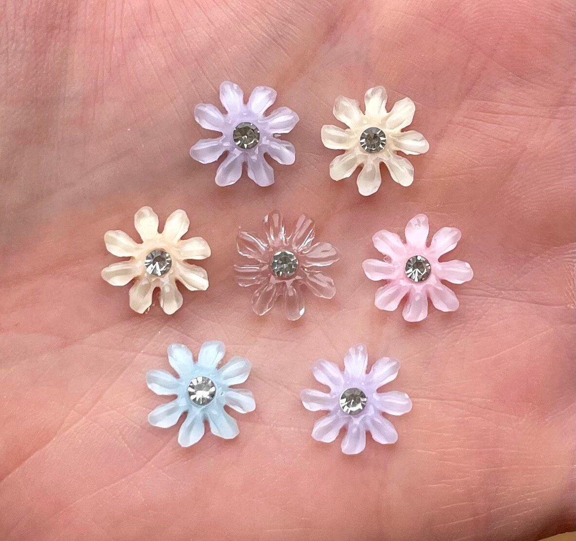 Rhinestone pastel resin flower cabochons, 11mm