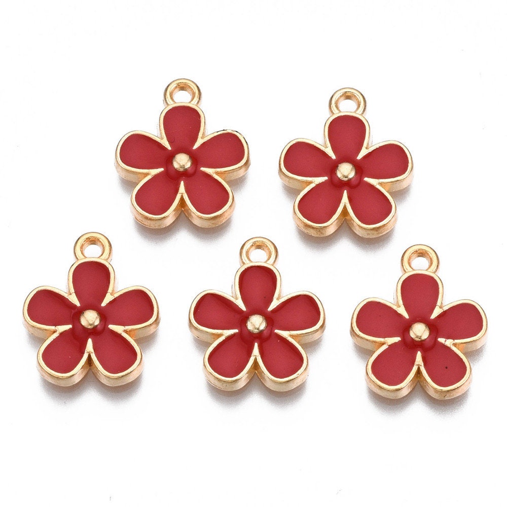 Red enamel flower charms, 15mm