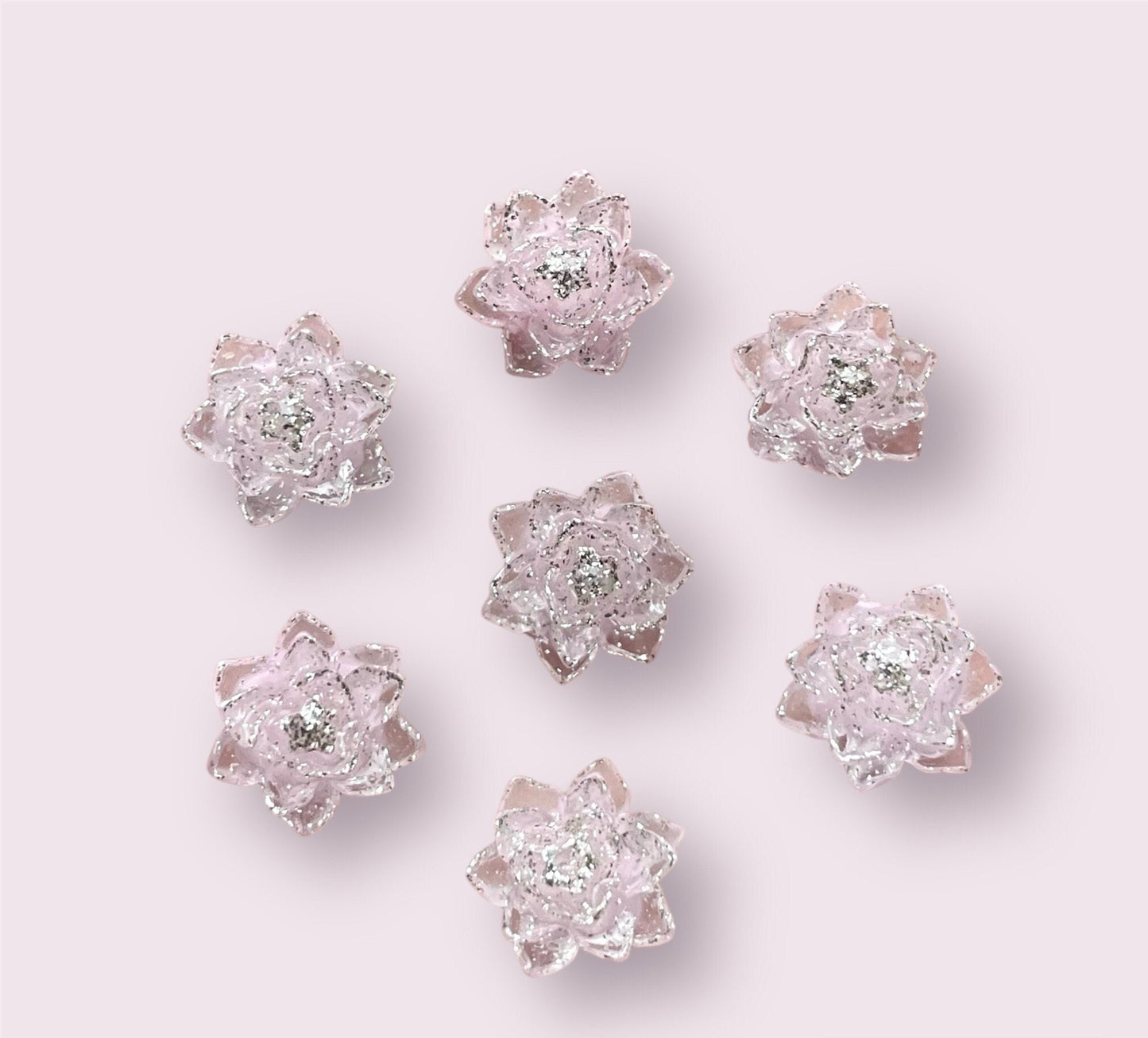 Pastel pink lustre flower cabochon, 11mm silver lustre