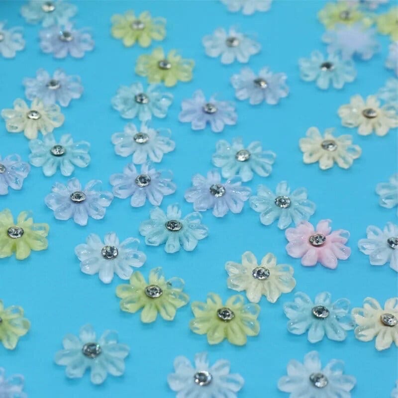 Rhinestone pastel resin flower cabochons, 11mm