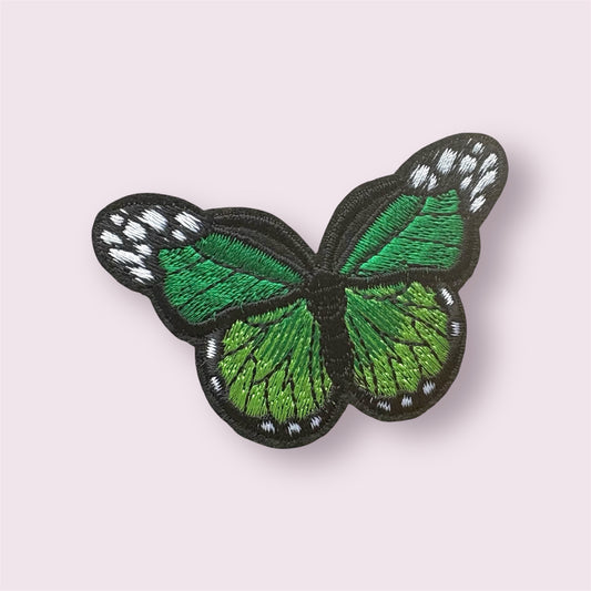 Green butterfly embroidered patch, 7 x 5cm