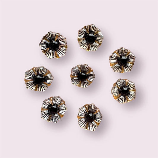 Black resin flower cabochons, glass effect resin flower embellishments, 12mm