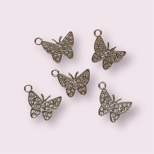 Butterfly charms, silver rhinestone, 20mm