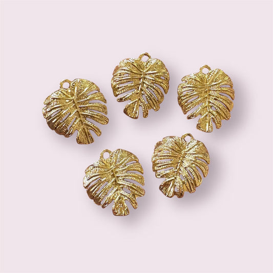 Gold leaf charms, tropical leaves, 22mm