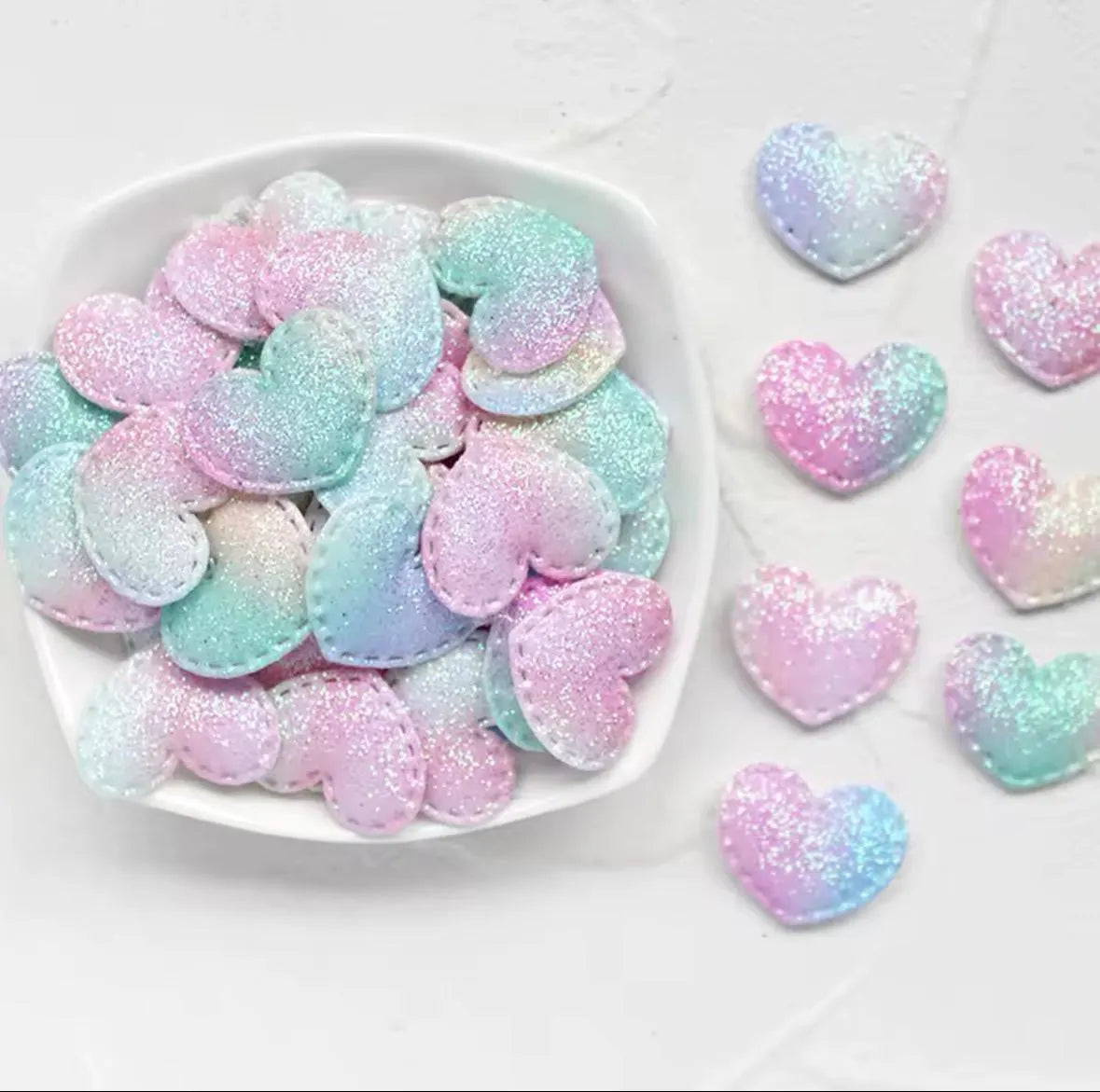 Pastel glitter fabric hearts, 24mm