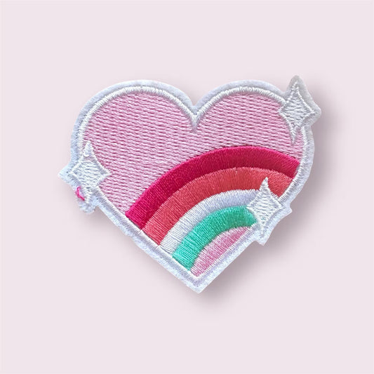 Heart pink iron on patch, rainbow 7cm