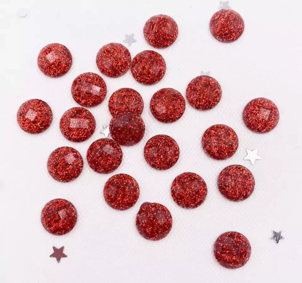 round sparkle cabochons, 10mm red