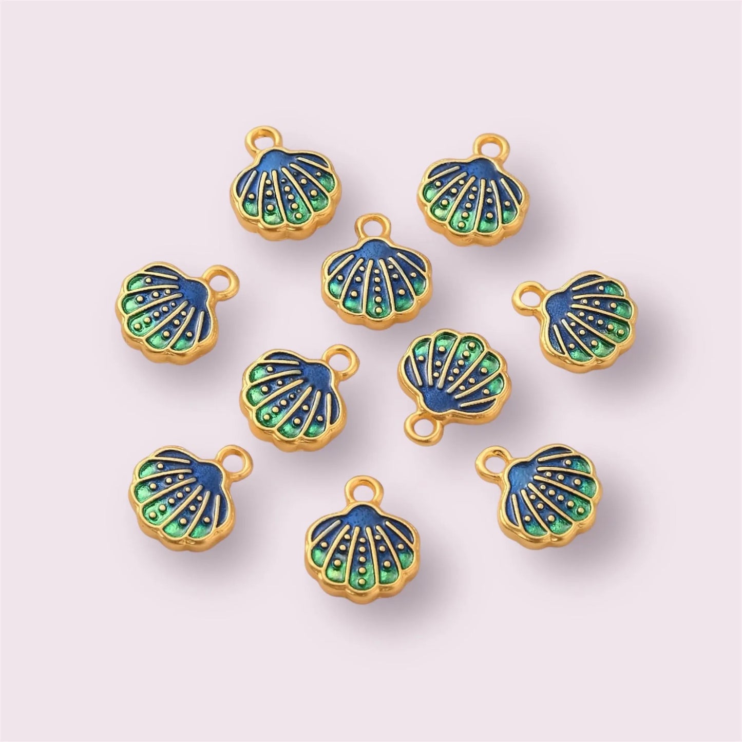 Seashell charms, blue and green, 12mm