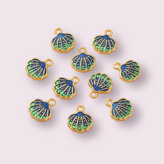 Seashell charms, blue and green, 12mm