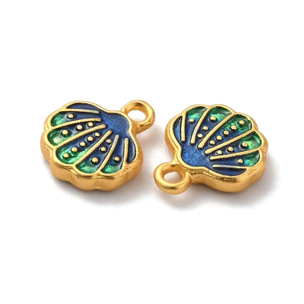 Seashell charms, blue and green, 12mm