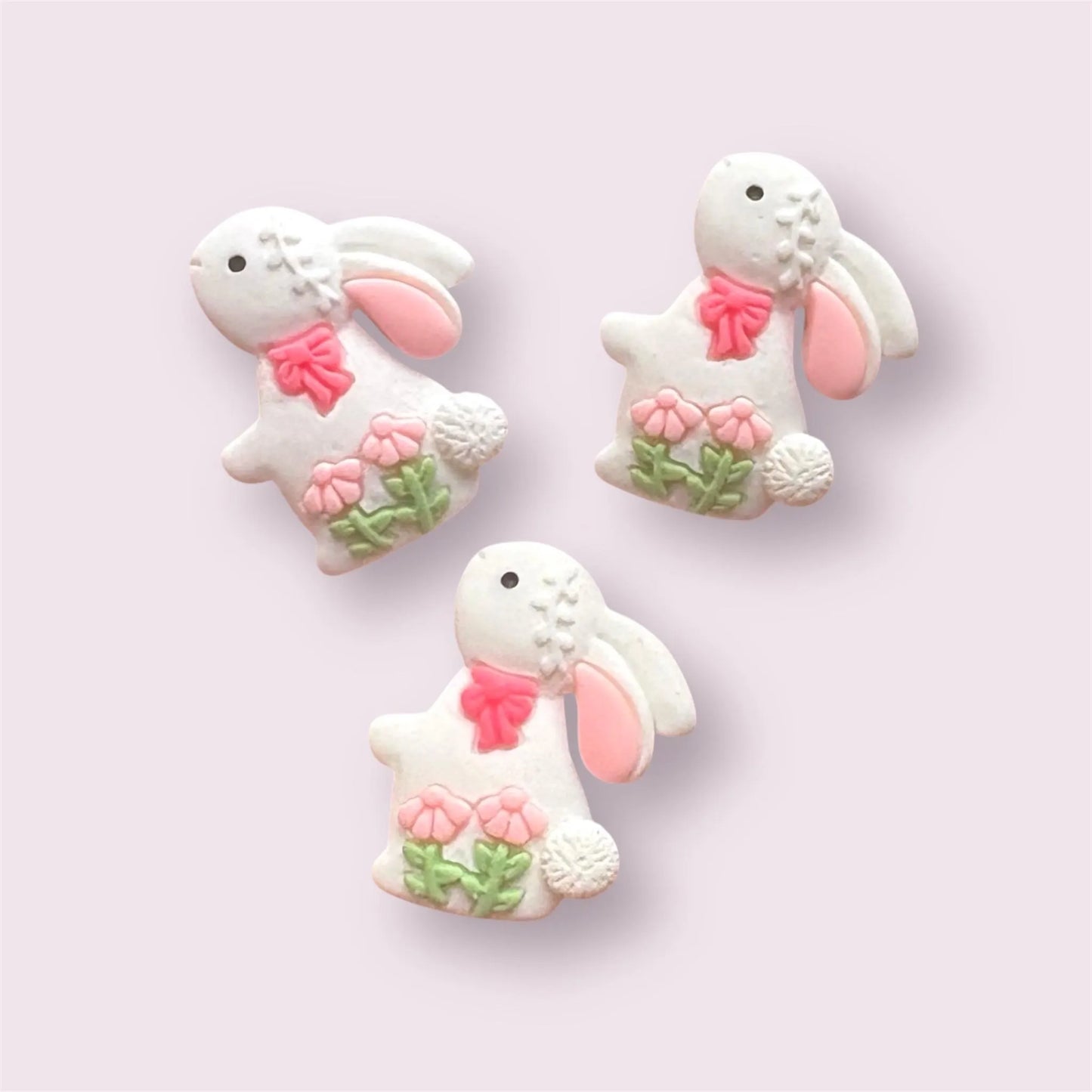 Rabbit cabochons, white floral, 28mm
