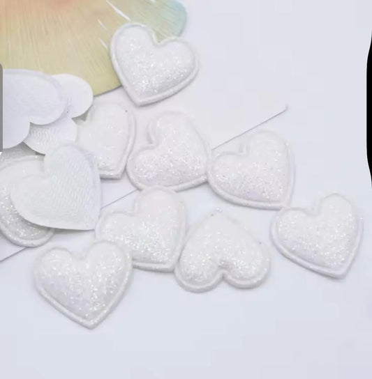 Fabric glitter hearts, white, 22mm