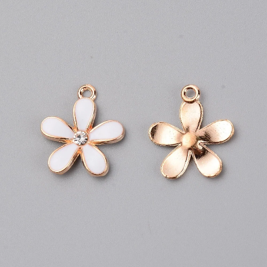 White enamel and rhinestone flower charms, 20mm