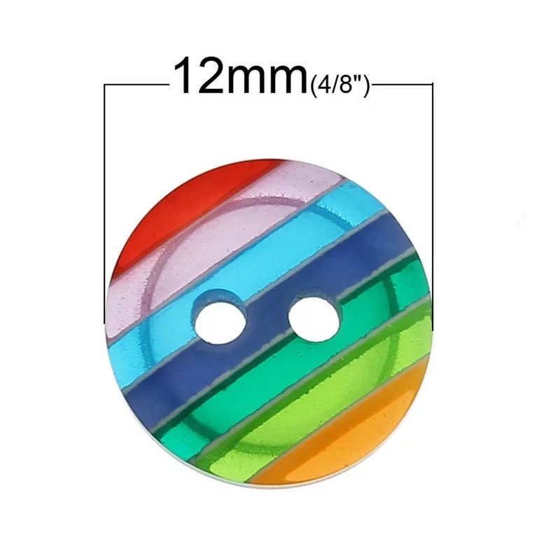 Rainbow striped round buttons, 12mm acrylic