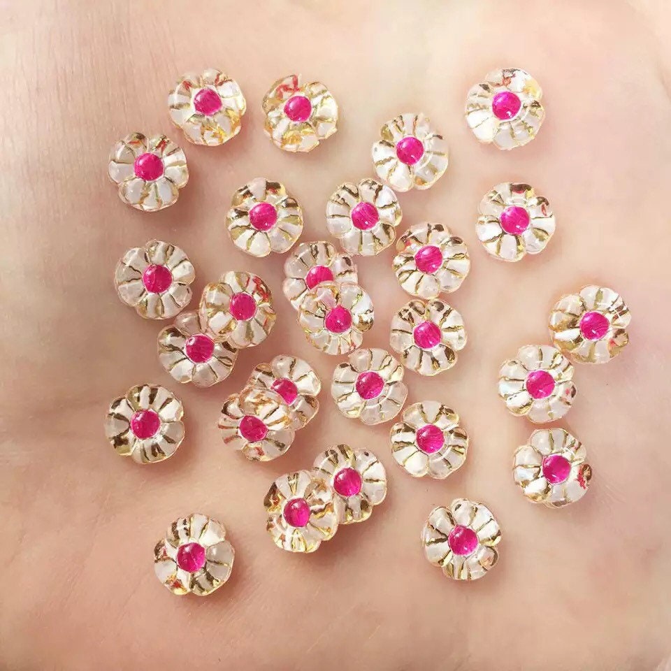 Flower cabochons, pink and white flower, 8mm