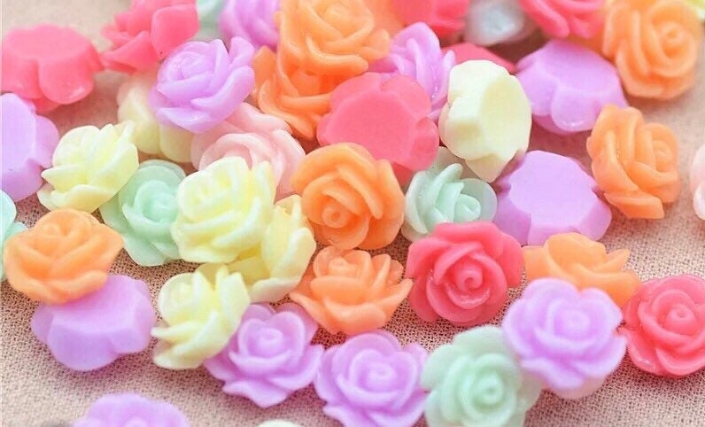 Flower cabochons, mixed pastel colour roses, 10mm