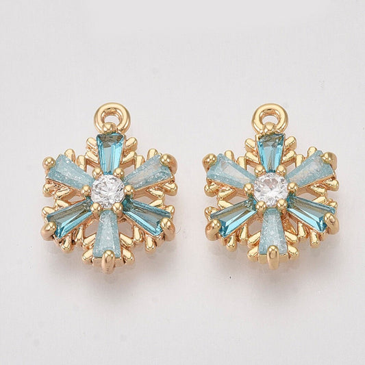 Snowflake charms 18k gold plated snowflake, blue  cubic zirconia