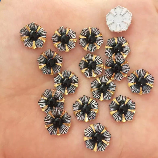 Black resin flower cabochons, glass effect resin flower embellishments, 12mm