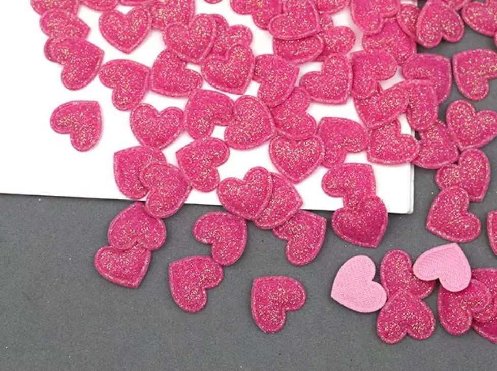 Heart shaped pink glitter fabric embellishments, 17mm fab