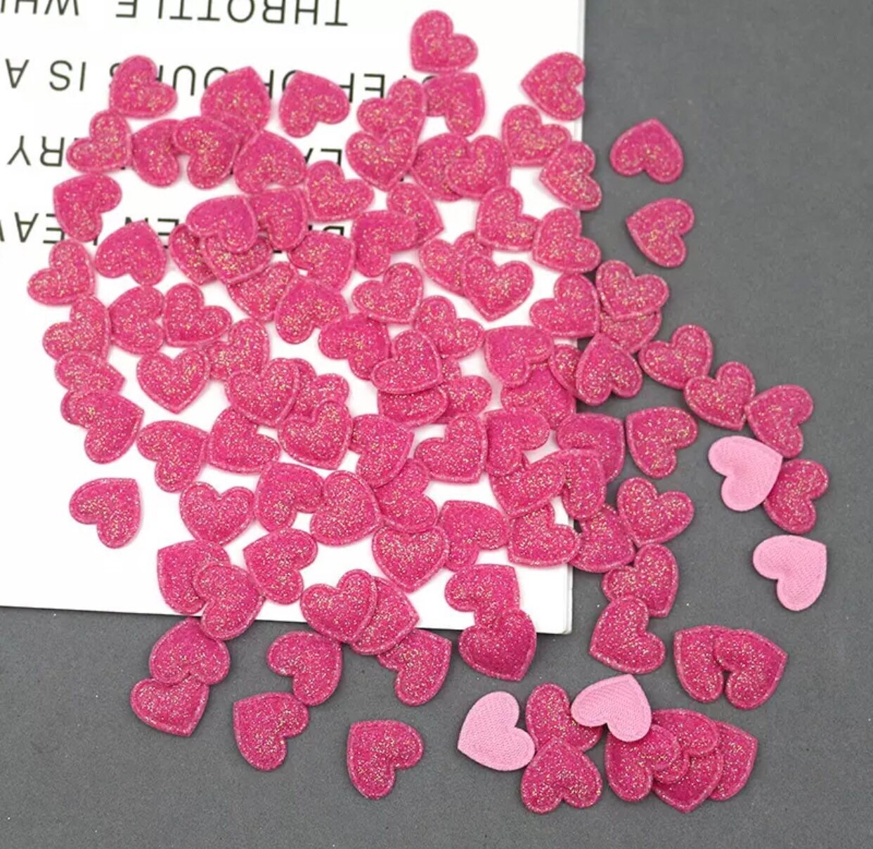 Heart shaped pink glitter fabric embellishments, 17mm fab