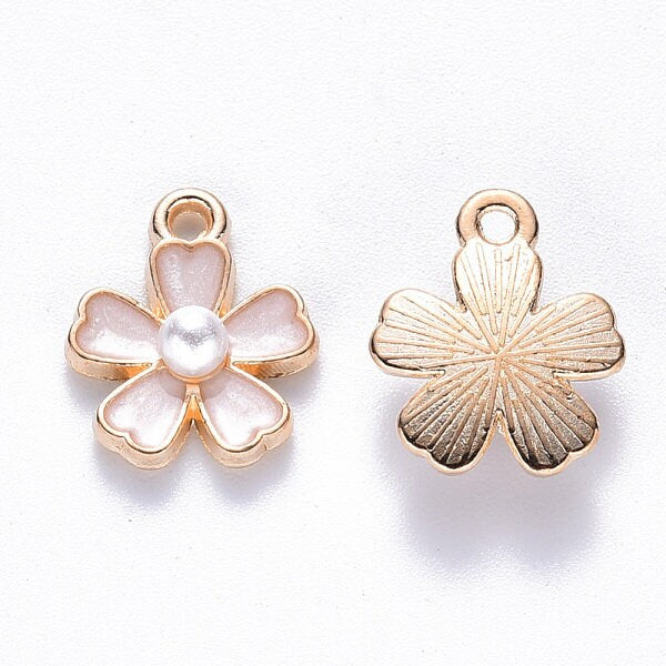 White enamel and pearl flower charms, 14mm