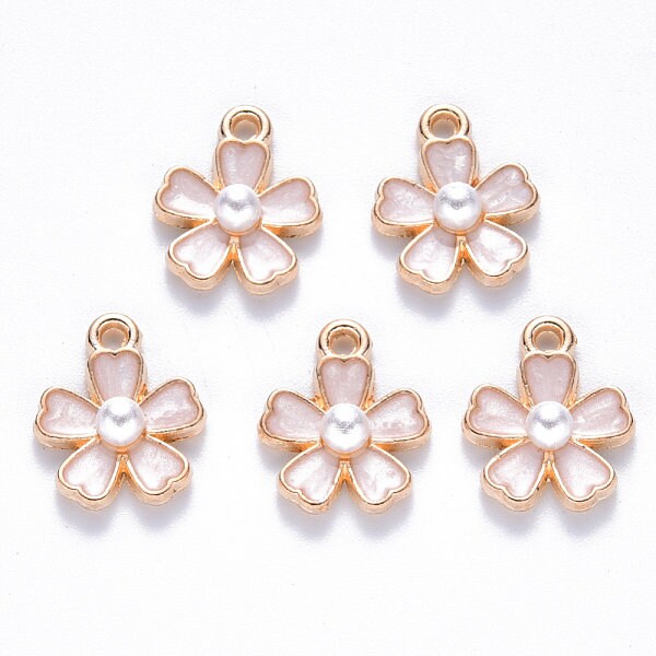 White enamel and pearl flower charms, 14mm