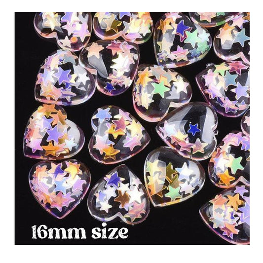 Clear glitter heart cabochons, 16mm