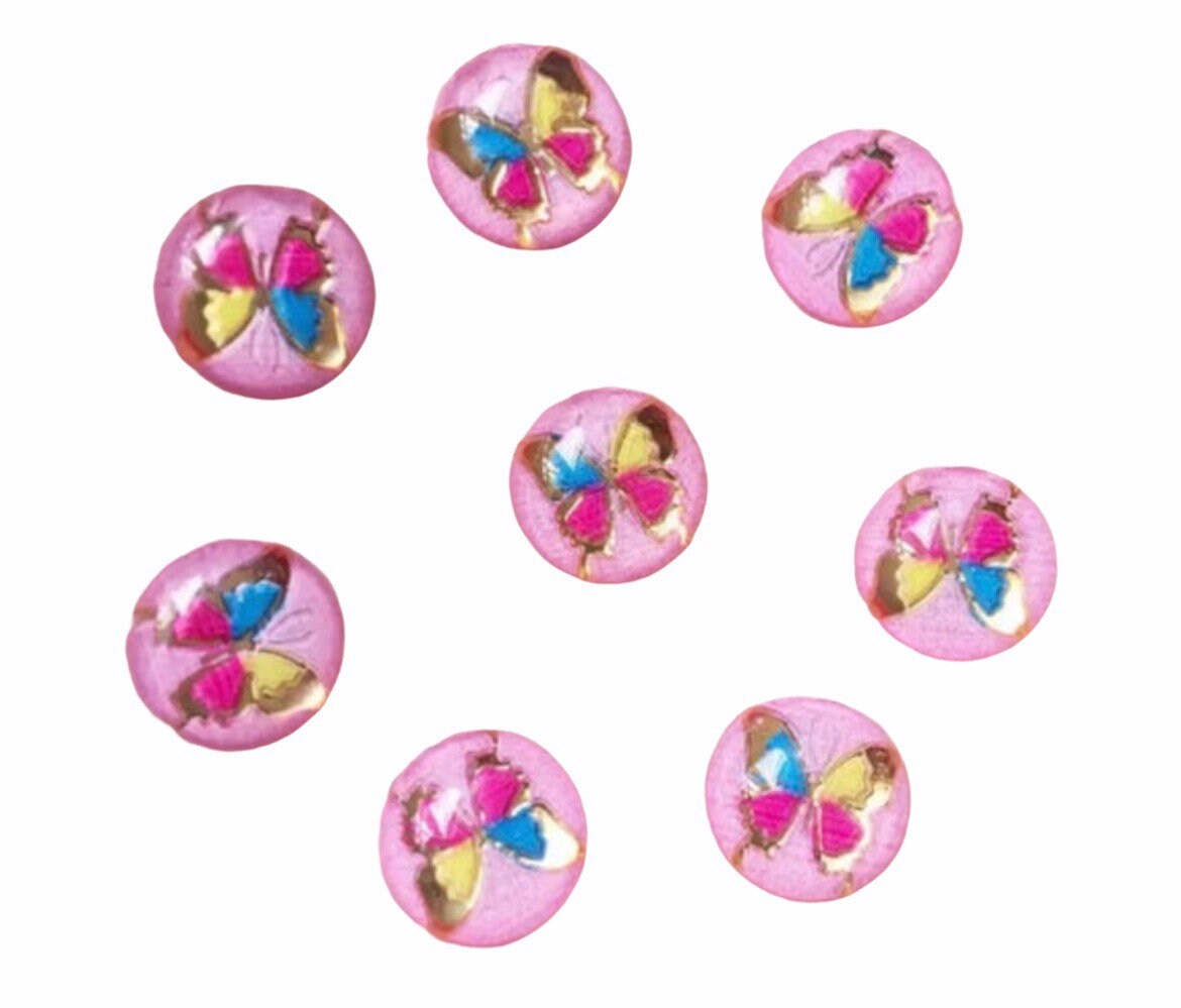 Round pink cabochon, butterfly 10mm