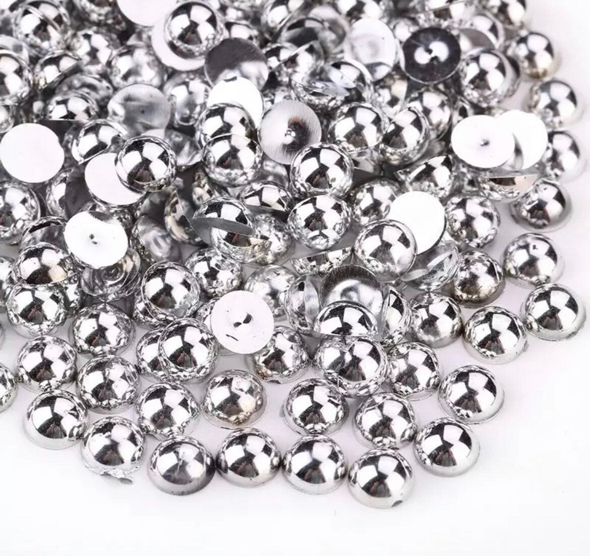 Silver metallic half round cabochons, 8mm