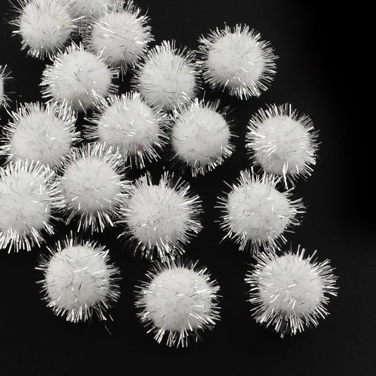 Pom Poms, white and silver metallic, 15mm