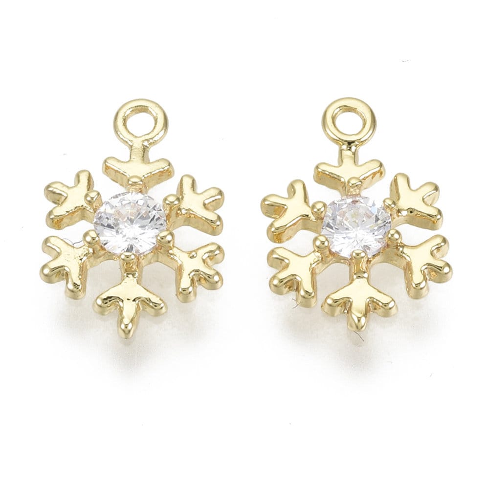 Snowflake charm, 18k gold plated 12mm cubic zirconia