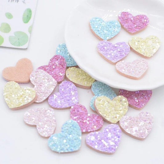 Heart shaped pastel embellishments, 20mm glitter fabric