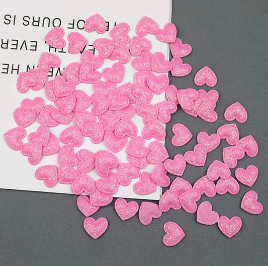 Heart shaped pale pink glitter fabric embellishments, 17mm