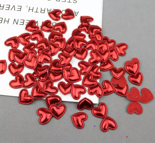 Heart shaped red metallic fabric embellishments, 17mm