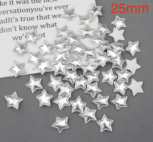 Metallic silver padded fabric stars, 25mm