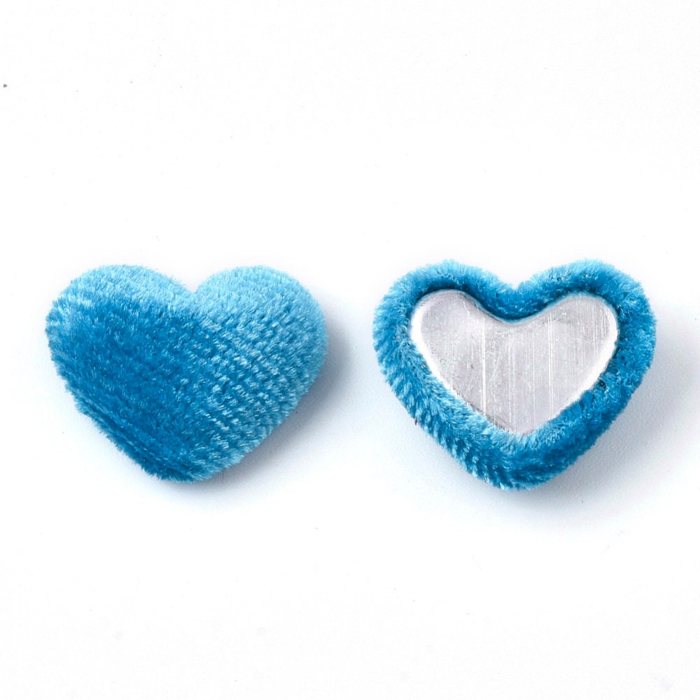 Fabric covered heart embellishments, blue 16mm