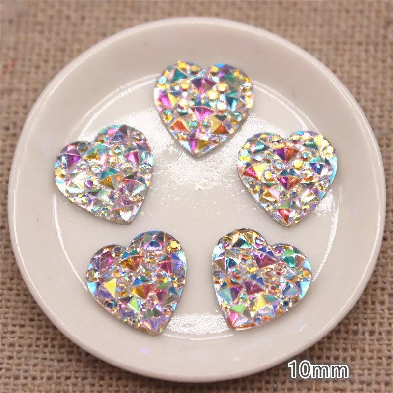 Silver rhinestone bling heart cabochons, 10mm