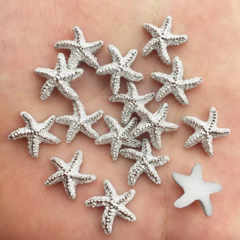 Starfish cabochons, silver rhinestone 13mm