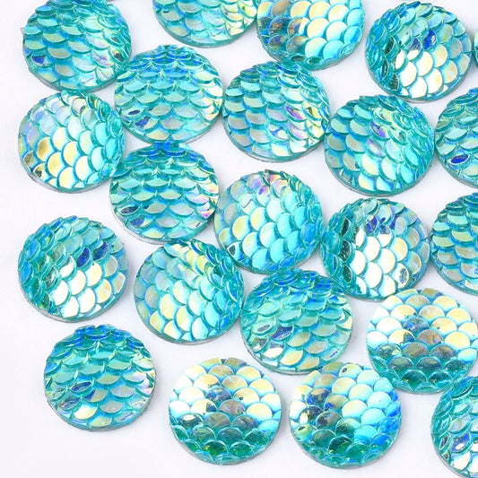 Round resin fish scale blue cabochon, 12mm